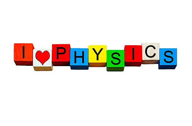 I Love Physics - sign / banner or design for physics subject, science, physics lessons, physics equations, quantum physics, education & teaching - isolated on white background.