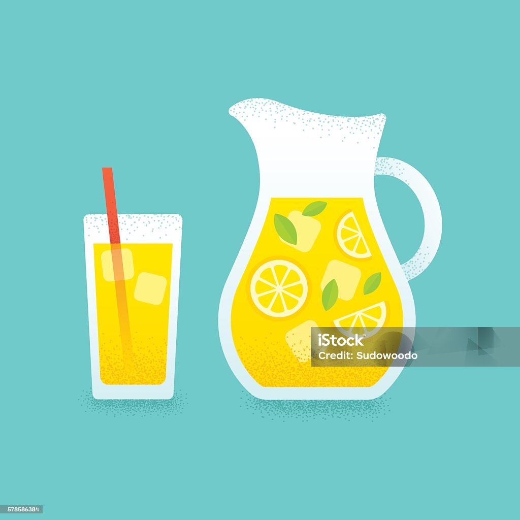 Lemonade pitcher and glass illustration. Refreshing lemonade illustration. Glass with straw and pitcher with lemons and ice cubes. Retro style illustration with vintage texture. Lemonade stock vector