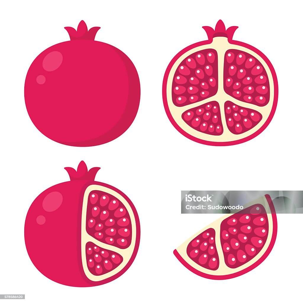 pomegranate illustration set Pomegranate icon set. Cartoon illustration of whole pomegranate, cut in half, with skin peeled and a wedge. Pomegranate stock vector