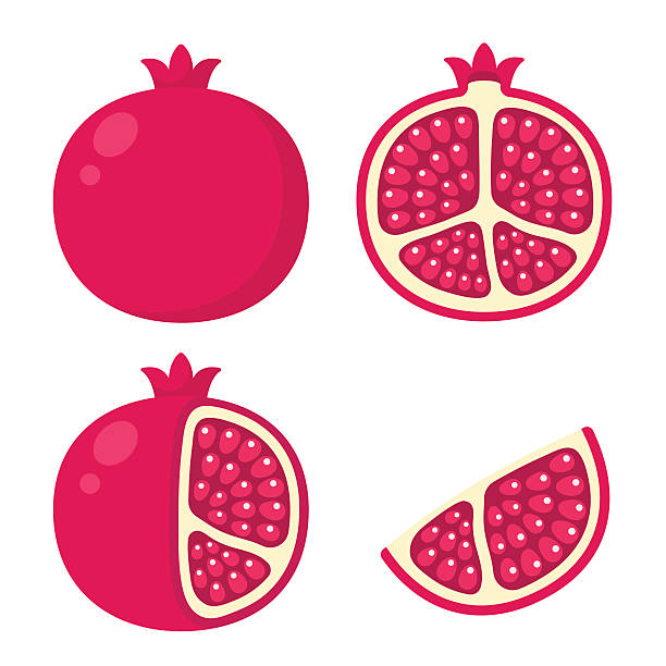 pomegranate illustration set Pomegranate icon set. Cartoon illustration of whole pomegranate, cut in half, with skin peeled and a wedge. pomegranate stock illustrations