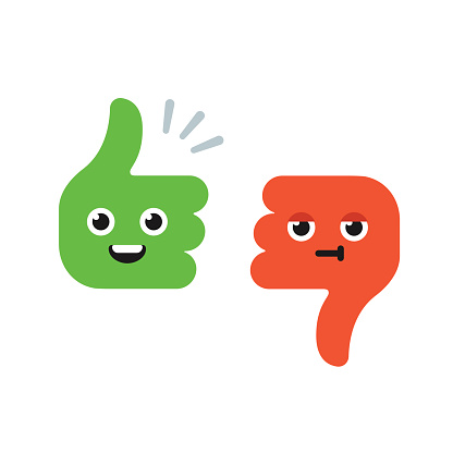 Cartoon Thumbs Up and Thumbs Down characters with cute funny faces. Flat vector illustration.