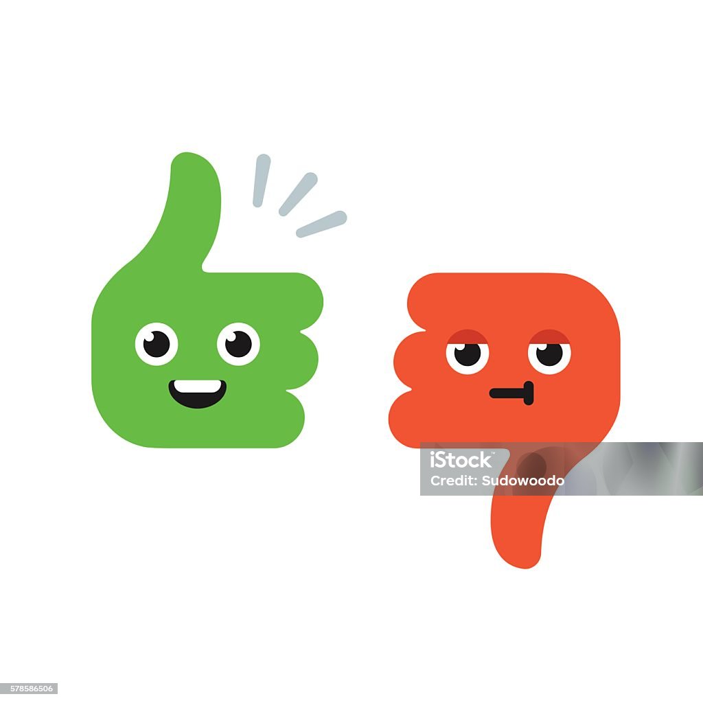 Cartoon Thumbs Up and Thumbs Down Cartoon Thumbs Up and Thumbs Down characters with cute funny faces. Flat vector illustration. Yes - Single Word stock vector