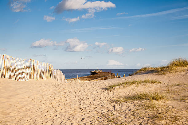 grass sand dunes and pier with footprints Walberswick Suffolk England