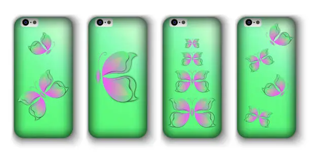 Vector illustration of set of phone covers with 3d paper colorful butterfly.