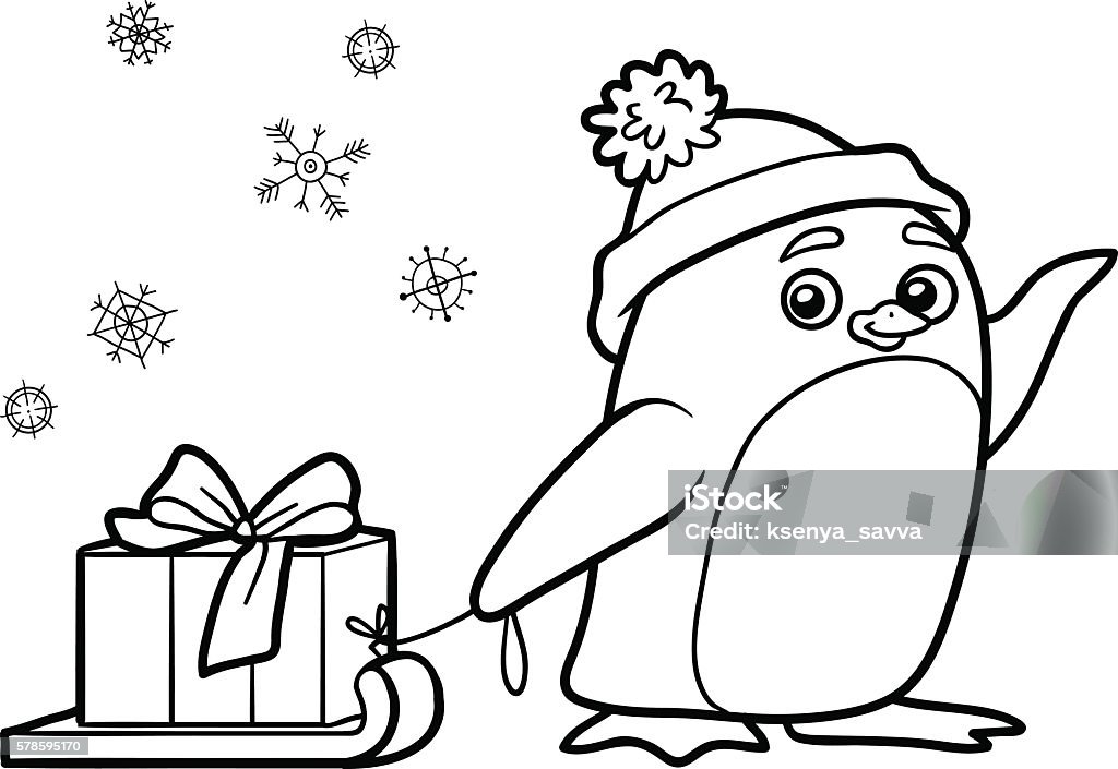 Coloring book, penguin with christmas gift Coloring book for children, cute penguin with christmas gift Coloring Book Page - Illlustration Technique stock vector