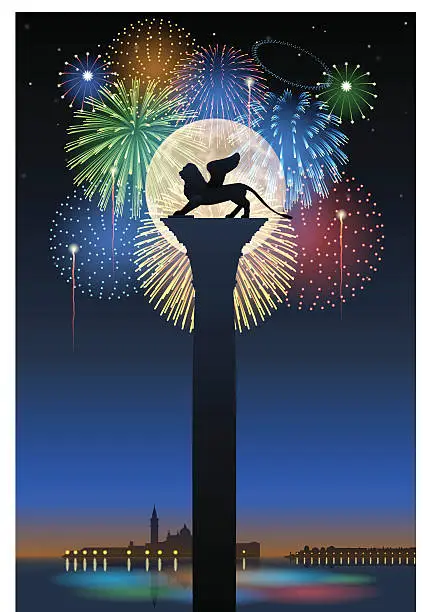Vector illustration of Festa del Redentore[Fireworks and full moon]