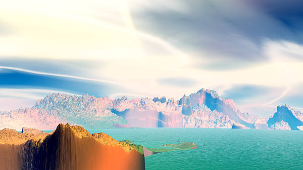 istock Fantasy alien planet. Rocks and lake. 3D illustration 578596358