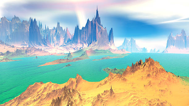 istock Fantasy alien planet. Rocks and lake. 3D illustration 578596394