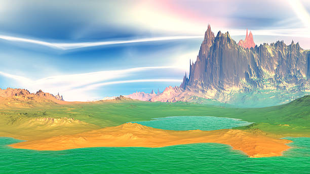 istock Fantasy alien planet. Rocks and lake. 3D illustration 578597234