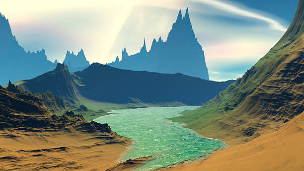 istock Fantasy alien planet. Rocks and lake. 3D illustration 578597382