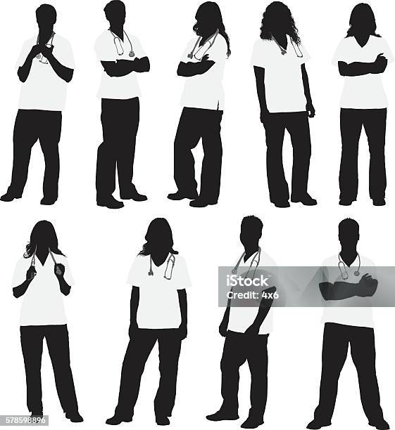 Doctor Standing With Various Actions Stock Illustration - Download Image Now - Doctor, In Silhouette, Cut Out