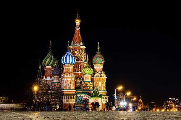 St. Basil Cathedral Nighttime view of St. basil Cathedral on the Red Square in Moscow, Russia st basils cathedral stock pictures, royalty-free photos & images