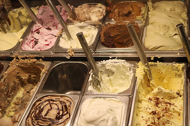 istock Display window of different fruit ice cream flavours 578793004