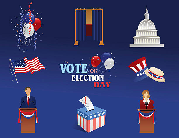 Vote Elements Balloons, voting booth, candidate, Capitol, American flag, ballot box, and hats in an election theme. republican national convention stock illustrations
