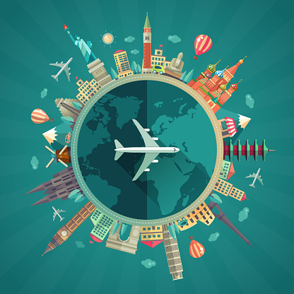 Vector illustration of flat design travel composition with famous world landmarks icons around the planet