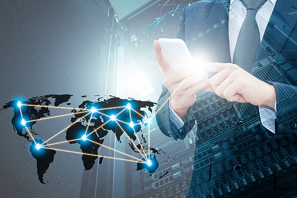 istock Double exposure of businessman using smart phone network connection 578796992