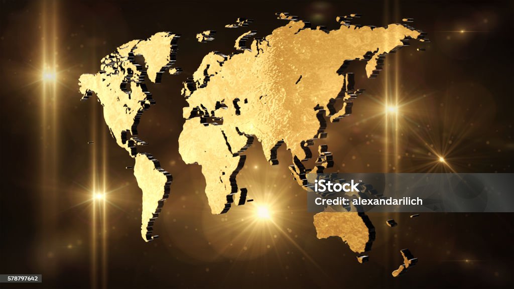 World map 3D render World map in space 3D render Gold - Metal Stock Photo