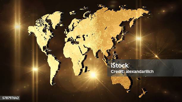World Map 3d Render Stock Photo - Download Image Now - Gold - Metal, Gold Colored, Globe - Navigational Equipment