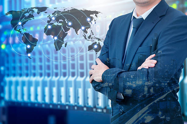 istock Double exposure of young handsome confident professional business 578801498
