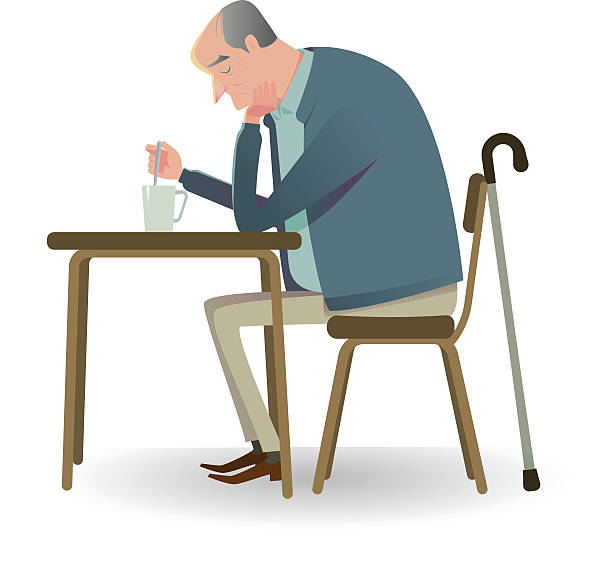 trauriger senior mit rohr, der auf einem stuhl sitzt. - disaffection stock-grafiken, -clipart, -cartoons und -symbole