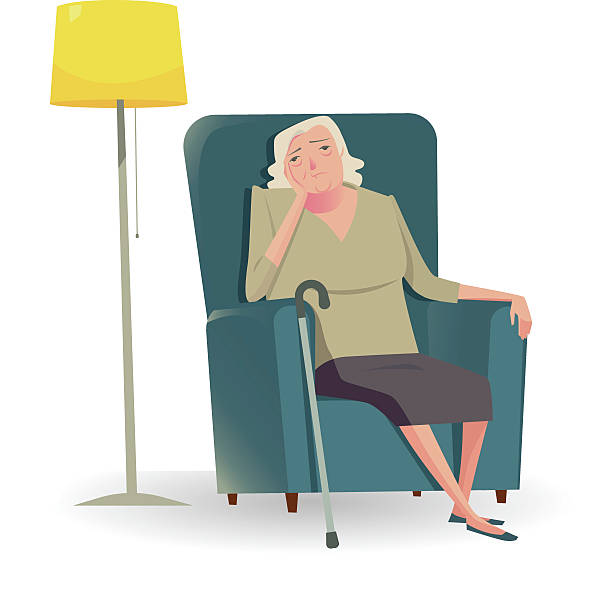 traurige seniorin mit rohr, die auf einem sofa sitzt. - disaffection stock-grafiken, -clipart, -cartoons und -symbole