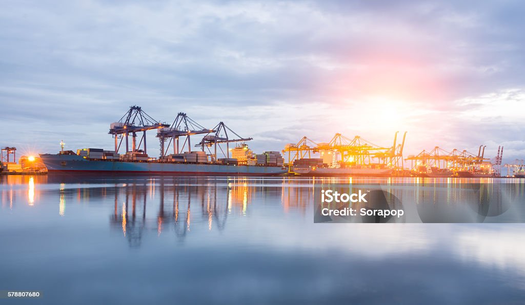 Containers loading Shipping by crane Containers loading Shipping by crane at morning or Trade Port Blue Stock Photo