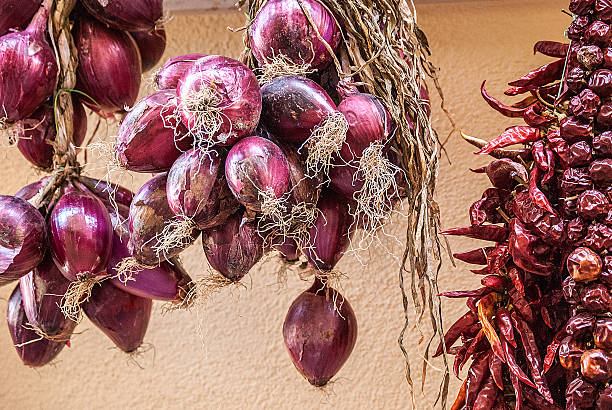Bundles of red onion and red hot peppers hanging stock photo