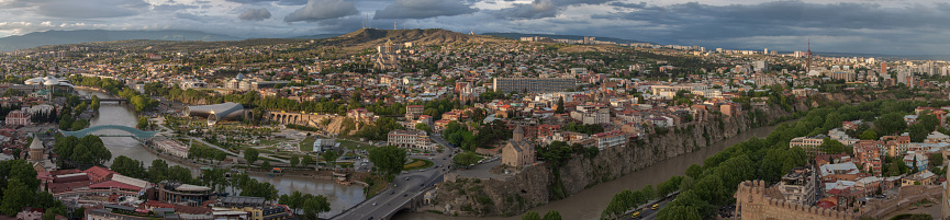 Tbilisi, Georgia - May 30, 2016: Areial and panoramic view of Tbilisi at sunset, Republic of Georgia country