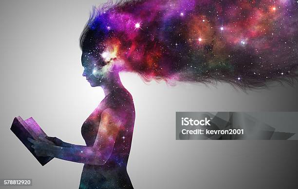 Universe Woman Stock Photo - Download Image Now - Book, Imagination, Women