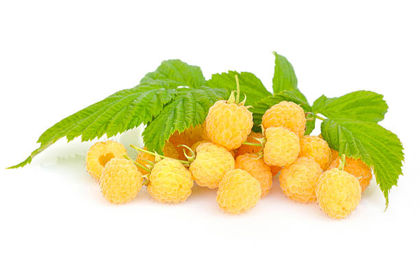 istock Fresh yellow raspberries with leafs isolated on white 578818870