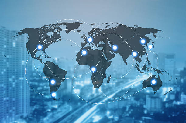 istock Double exposure of world map connecting and blurred cityscape 578819314