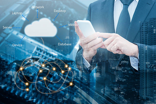 istock Double exposure of professional businessman connecting cloud 578820046
