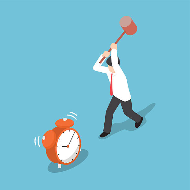 Isometric businessman trying to destroy alarm clock by hammer Isometric businessman trying to destroy alarm clock by hammer, time management mistakes concept white background level hand tool white stock illustrations