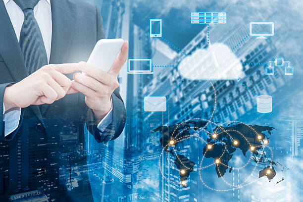 istock Double exposure of professional businessman connecting cloud 578820606