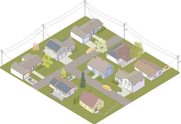 Electric Utility Customers Illustration of electric utility customers in a grid, including a suburban neighborhood with utility poles, service trucks, and a few houses with solar panels on their rooftops. Detailed vector is presented in isometric view. smart grid stock illustrations