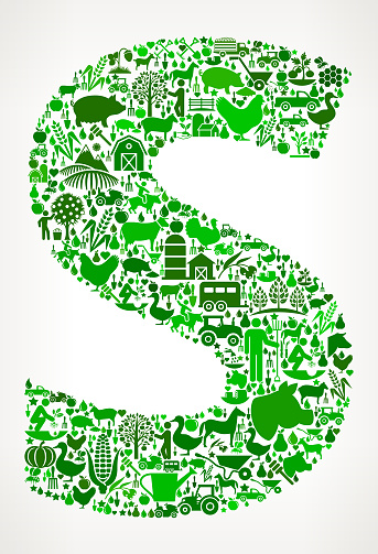Letter S Icon . The green vector icons create a seamless pattern and include popular farming and agriculture. Farm house, farm animals, fruits and vegetables are among the icons used in this file. The icons are carefully arranged on a light background and vary in size and shades of green color.