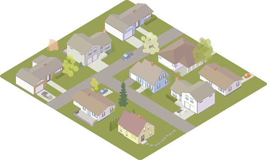 Aerial view of a suburban subdivision including none detailed homes. Isometric illustration presented in isometric view.