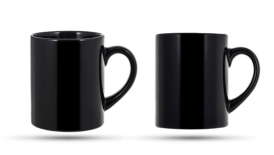 Black mug or cup isolated on white, with clipping path