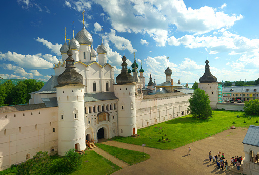 Assumption Cathedral and church of the Resurrection in Rostov Kremlin. The ancient town of Rostov The Great is a tourist center of the Golden Ring of Russia.