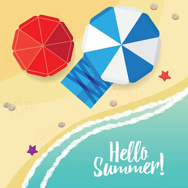 Vector illustration of Illustration of beach, sea, umbrella, starfish