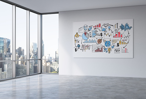 Whiteboard with business sketch in empty office interior with concrete floor, wall and panoramic window with New York city view. 3D Rendering