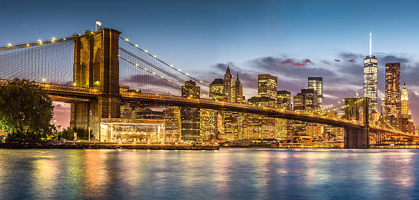 Brooklyn Bridge with sunset from Brooklyn Bridge park stock photo
