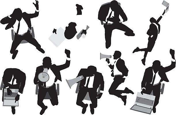 ilustrações, clipart, desenhos animados e ícones de empresário em diversas acções  - cheering men shouting silhouette