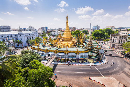 Sule Pagoda during the day from above in downtown Yangon, Myanmar on a clear day