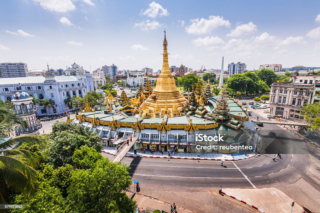Sule Pagoda on a fine day Sule Pagoda during the day from above in downtown Yangon, Myanmar on a clear day Yangon Stock Photo