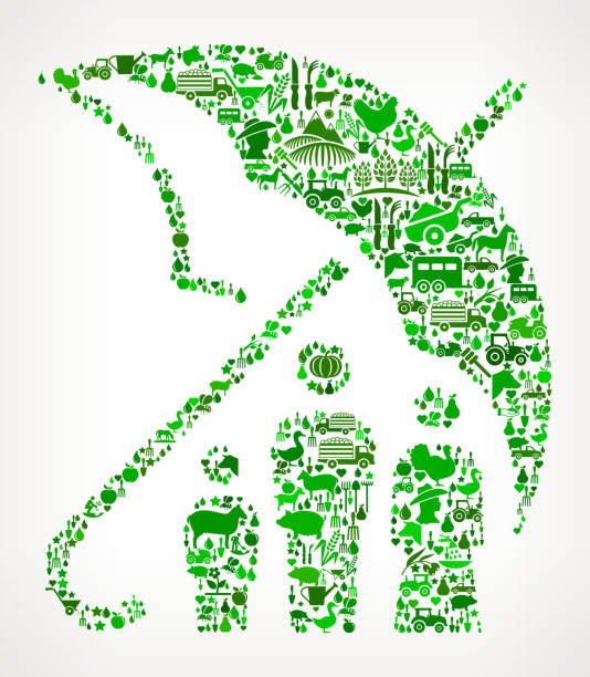 ilustrações de stock, clip art, desenhos animados e ícones de family insurance farming and agriculture green icon pattern - protection umbrella people stick figure