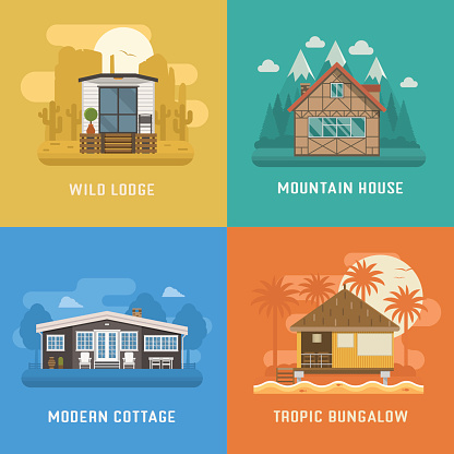 Different dwelling set. Modern apartment at rural area, tropic bungalow at beach, mountain chalet house at national park and wild lodge at desert. Vector home poster collection. House booking and rent