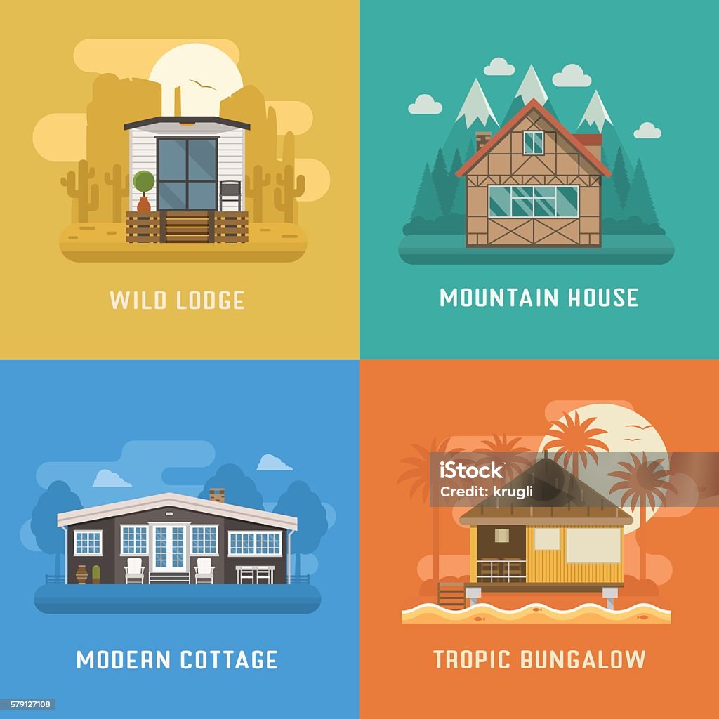 Lodge, Chalet, Cottage and Bungalow House Set Different dwelling set. Modern apartment at rural area, tropic bungalow at beach, mountain chalet house at national park and wild lodge at desert. Vector home poster collection. House booking and rent Vacation Rental stock vector