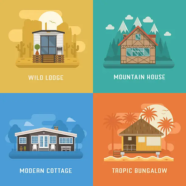 Vector illustration of Lodge, Chalet, Cottage and Bungalow House Set
