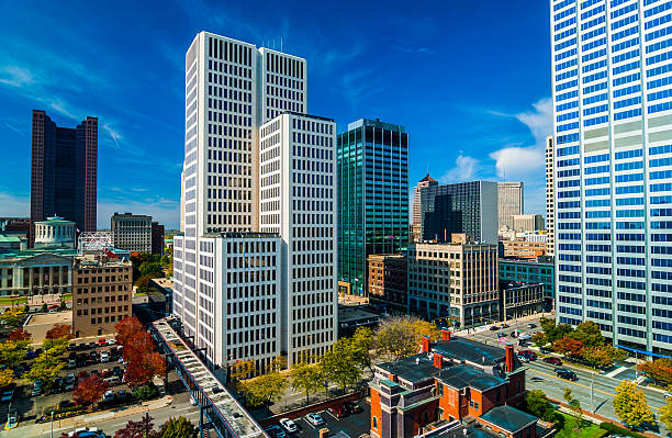 Columbus downtown skyscrapers, aerial / elevated view.  The Ohio State Capitol is located at the far left corner of the image.
